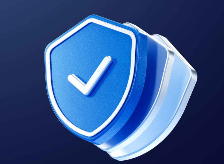 3D illustration of a blue shield with a checkmark symbol, representing cybersecurity, data protection, verified security, trust, privacy, digital safety, and secure online services.