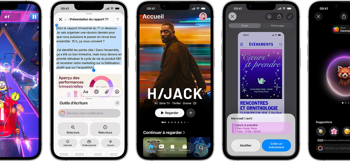 Plusieurs iPhone 17e côte à côte affichant des écrans différents : un jeu en cours d’utilisation, les Outils d’écriture, l’app Apple TV, la création d’un évènement de calendrier et d’un Genmoji
