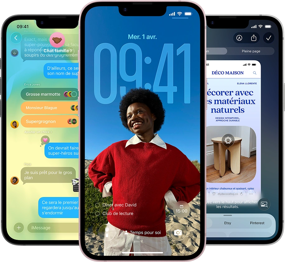 Trois iPhone 17e affichant l’app Messages avec le design Liquid Glass, l’écran verrouillé dynamique et Intelligence visuelle en cours d’utilisation