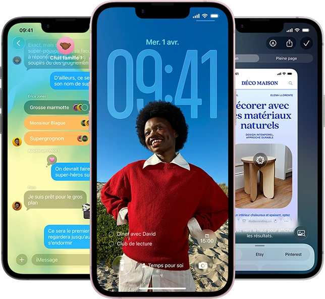 Trois iPhone 17e affichant l’app Messages avec le design Liquid Glass, l’écran verrouillé dynamique et Intelligence visuelle en cours d’utilisation