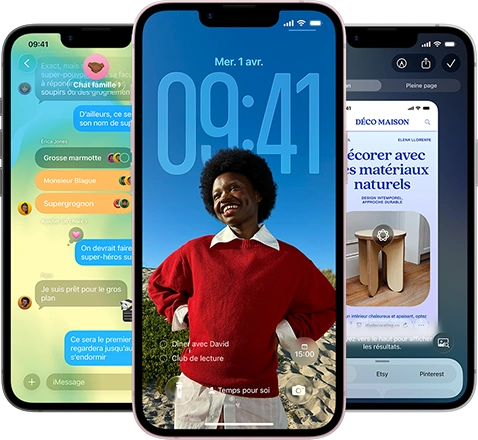 Trois iPhone 17e affichant l’app Messages avec le design Liquid Glass, l’écran verrouillé dynamique et Intelligence visuelle en cours d’utilisation