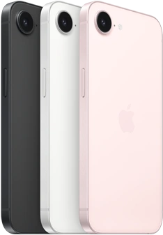 iPhone 17e, faces latérale et arrière, coloris noir, faces latérale et arrière, coloris blanc, faces latérale et arrière, coloris rose pastel, caméra Fusion en haut, bouton latéral