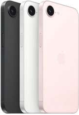 iPhone 17e, faces latérale et arrière, coloris noir, faces latérale et arrière, coloris blanc, faces latérale et arrière, coloris rose pastel, caméra Fusion en haut, bouton latéral