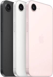 iPhone 17e, faces latérale et arrière, coloris noir, faces latérale et arrière, coloris blanc, faces latérale et arrière, coloris rose pastel, caméra Fusion en haut, bouton latéral