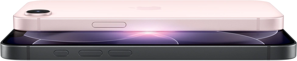 iPhone 17e, vue horizontale, faces latérale et arrière, coloris rose pastel, iPhone 17e, vue horizontale, faces latérale et arrière, coloris noir