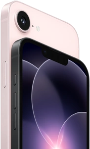 iPhone 17e, vue horizontale, faces latérale et arrière, coloris rose pastel, iPhone 17e, vue horizontale, faces latérale et arrière, coloris noir