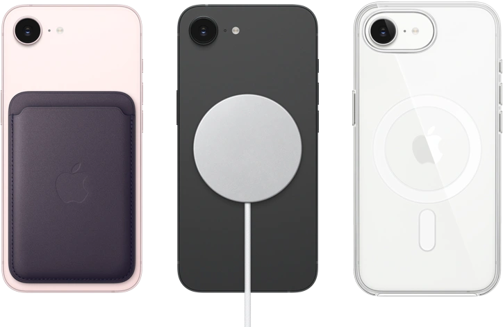 iPhone 17e, face arrière, coloris rose pastel, Porte-cartes en tissage fin avec MagSafe fixé, iPhone 17e, face arrière, coloris noir, Chargeur MagSafe fixé, iPhone 17e, face arrière, coloris blanc, coque transparente avec MagSafe fixée