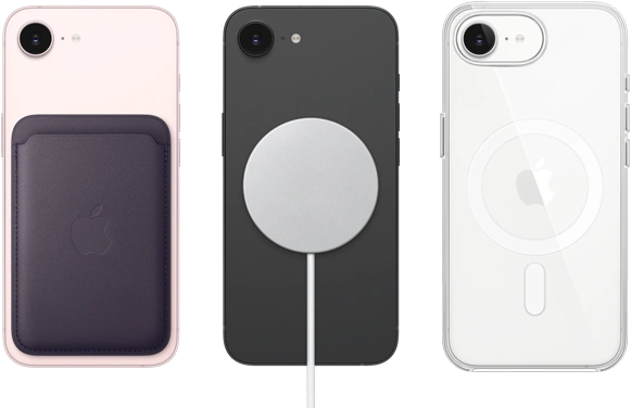 iPhone 17e, face arrière, coloris rose pastel, Porte-cartes en tissage fin avec MagSafe fixé, iPhone 17e, face arrière, coloris noir, Chargeur MagSafe fixé, iPhone 17e, face arrière, coloris blanc, coque transparente avec MagSafe fixée