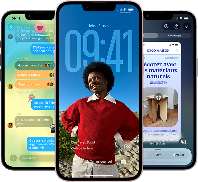 Trois iPhone 17e affichant l’app Messages avec le design Liquid Glass, l’écran verrouillé dynamique et Intelligence visuelle en cours d’utilisation